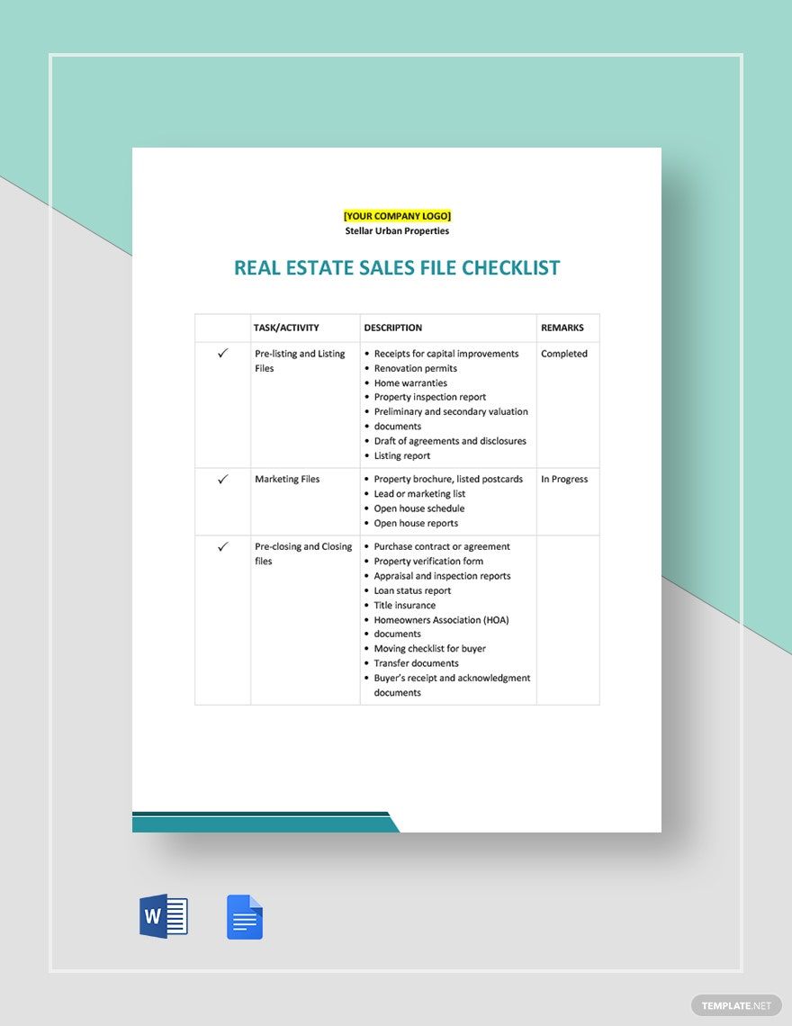 Real Estate Sales File Checklist Template