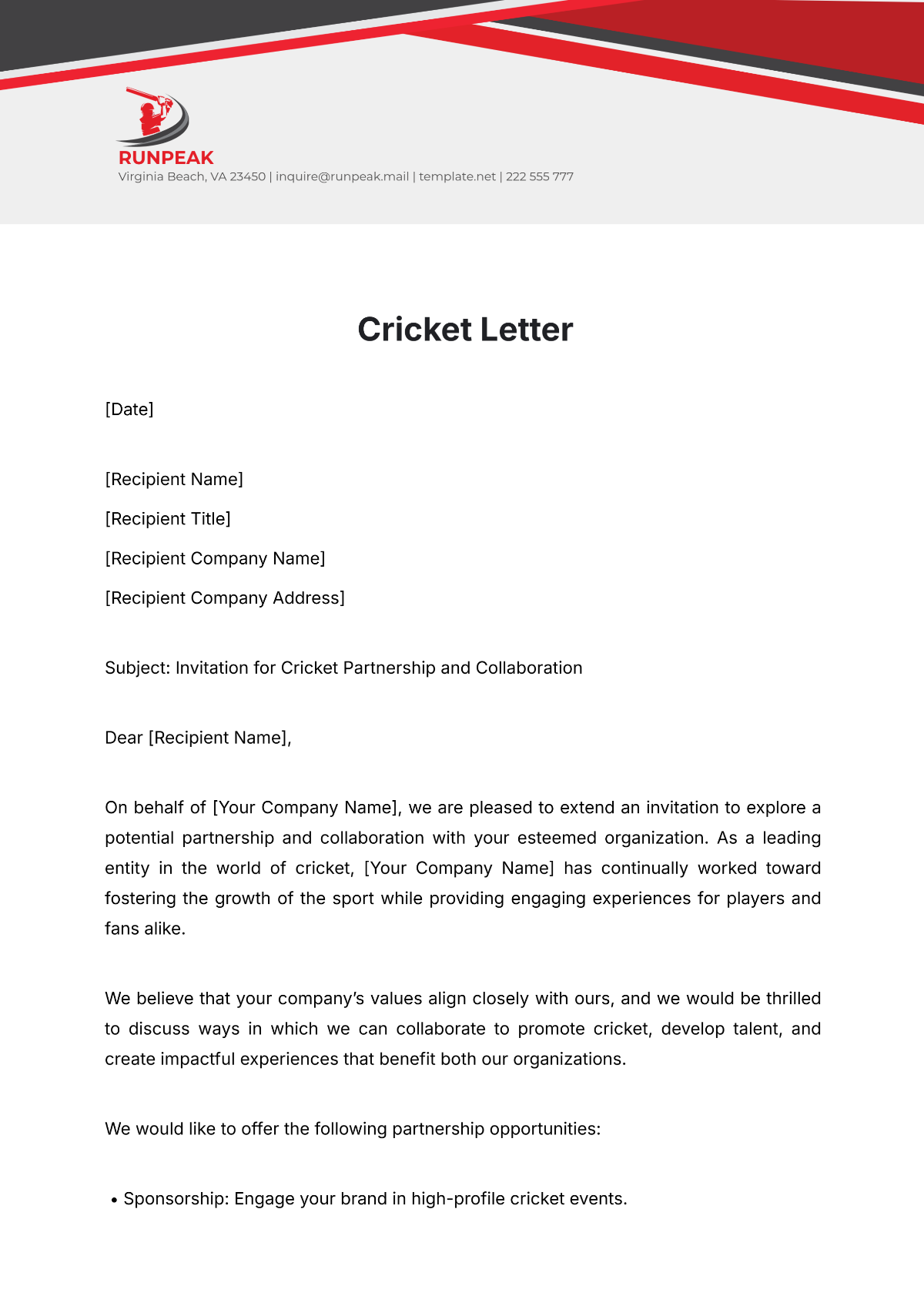 Cricket Letter Template - Edit Online & Download