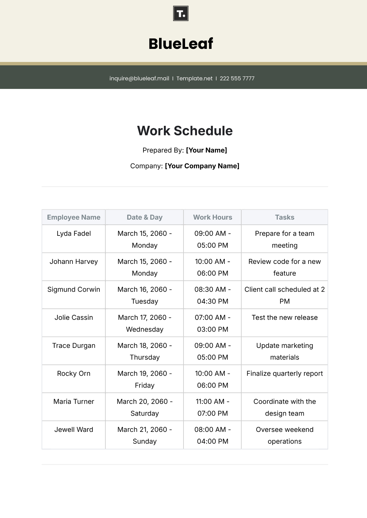 Free Work Schedule Template