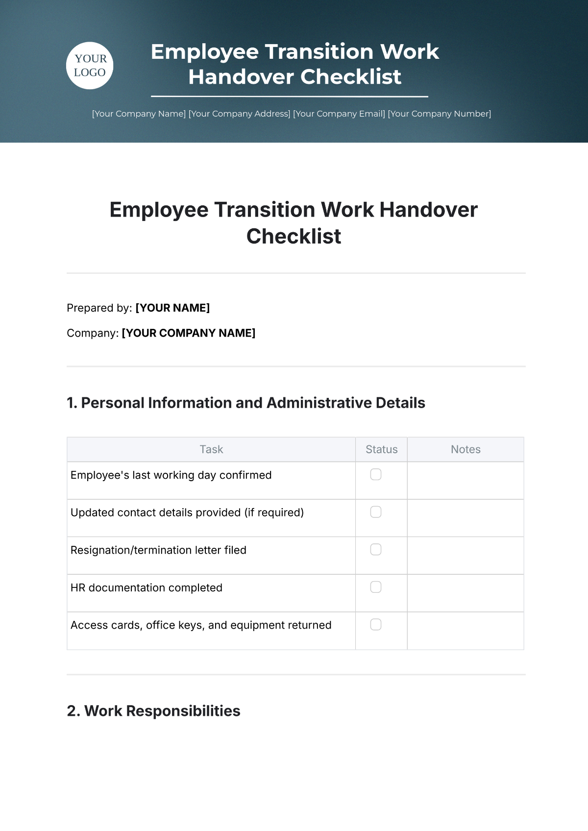 Free Employee Transition Work Handover Checklist Template