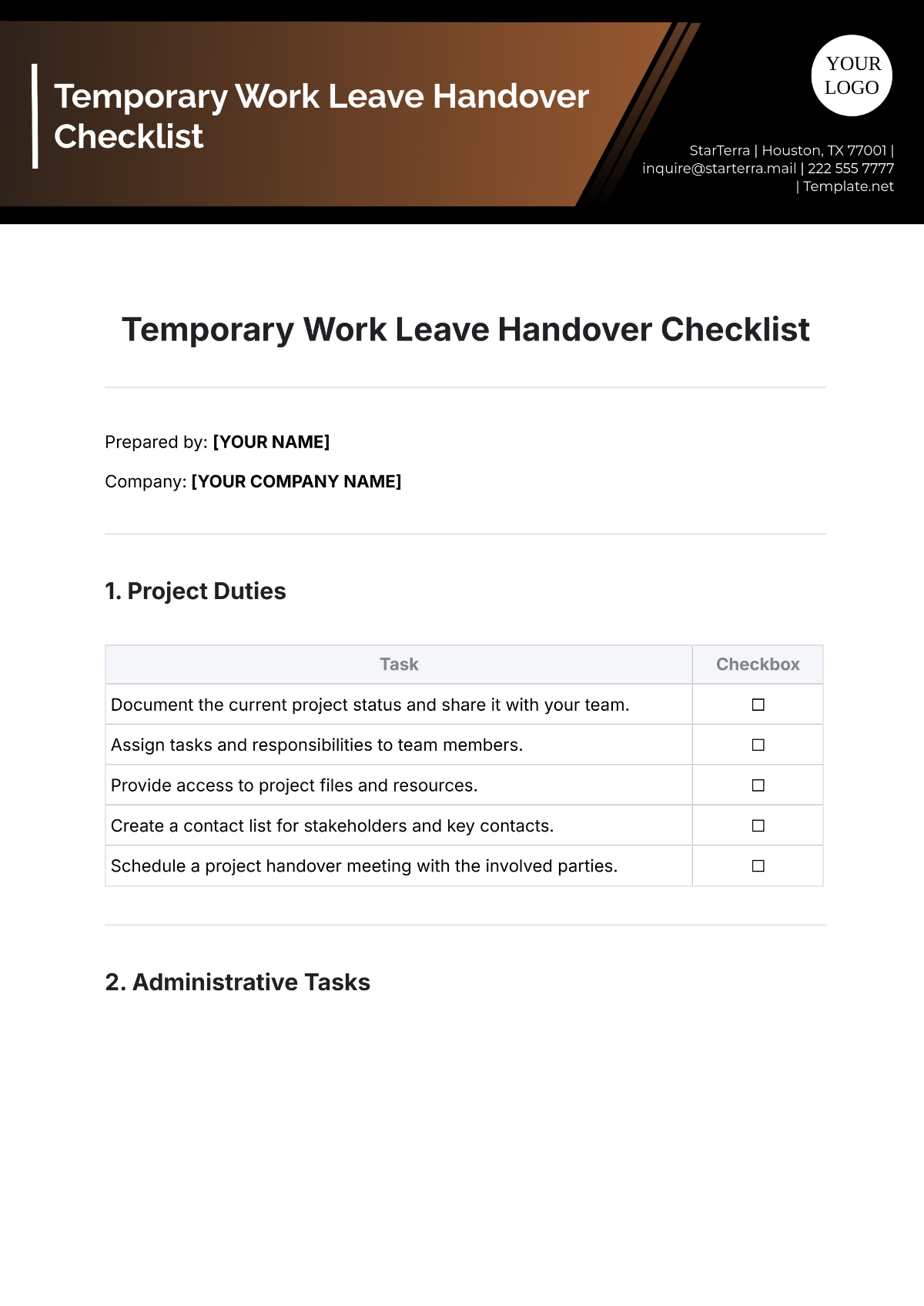 Free Temporary Work Leave Handover Checklist Template