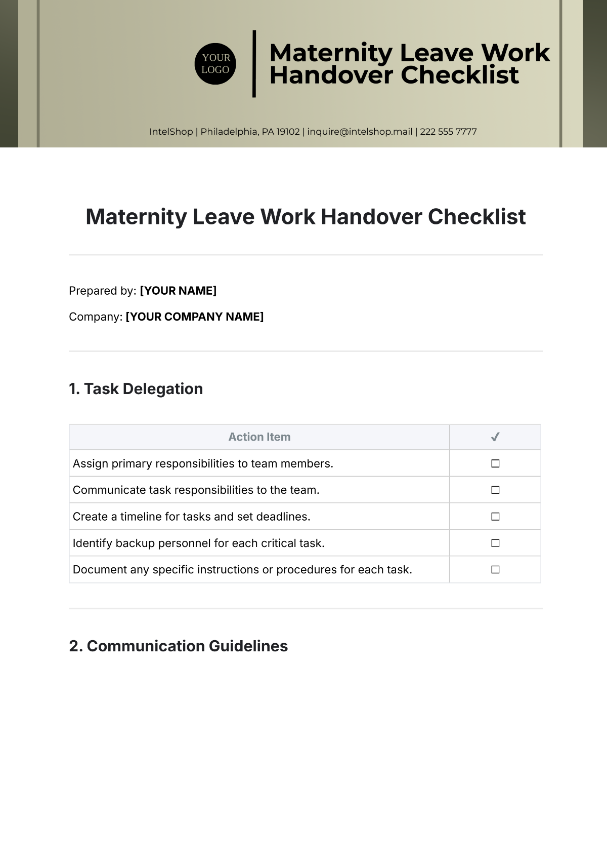 Free Maternity Leave Work Handover Checklist Template