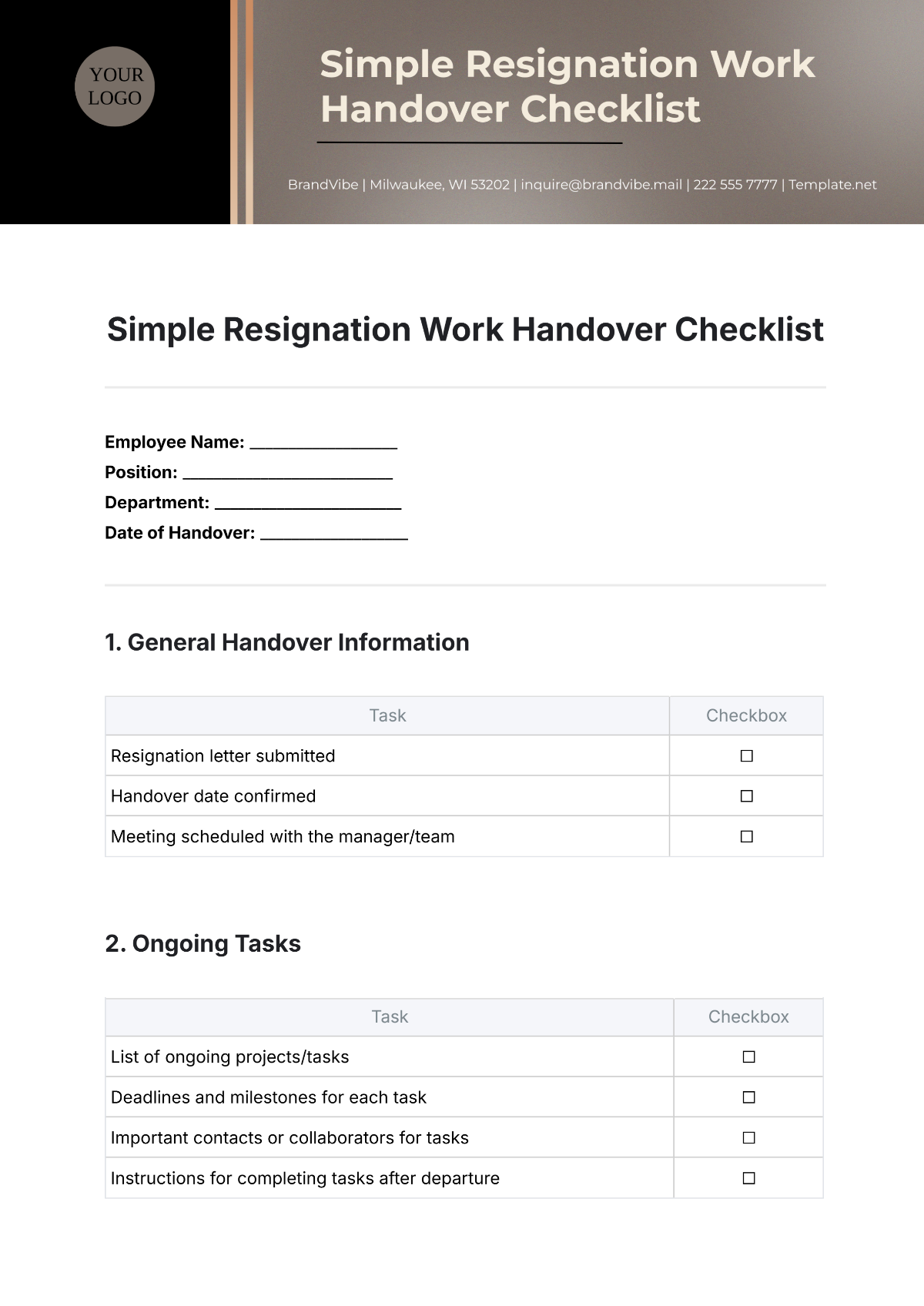 Free Simple Resignation Work Handover Checklist Template