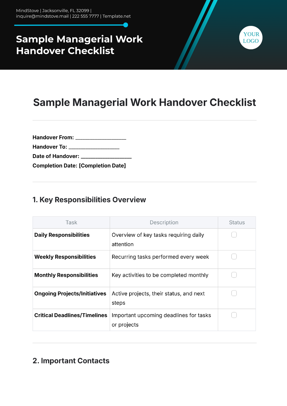 Free Sample Managerial Work Handover Checklist Template