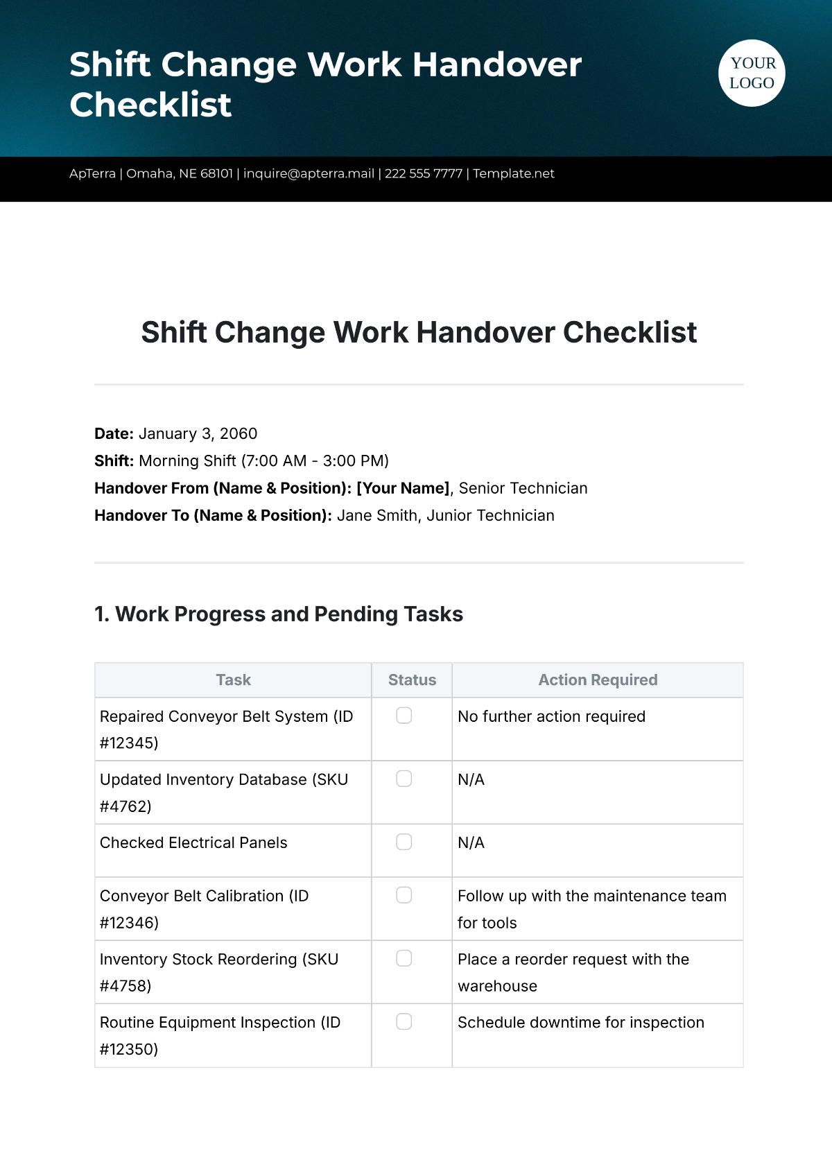 Free Shift Change Work Handover Checklist Template