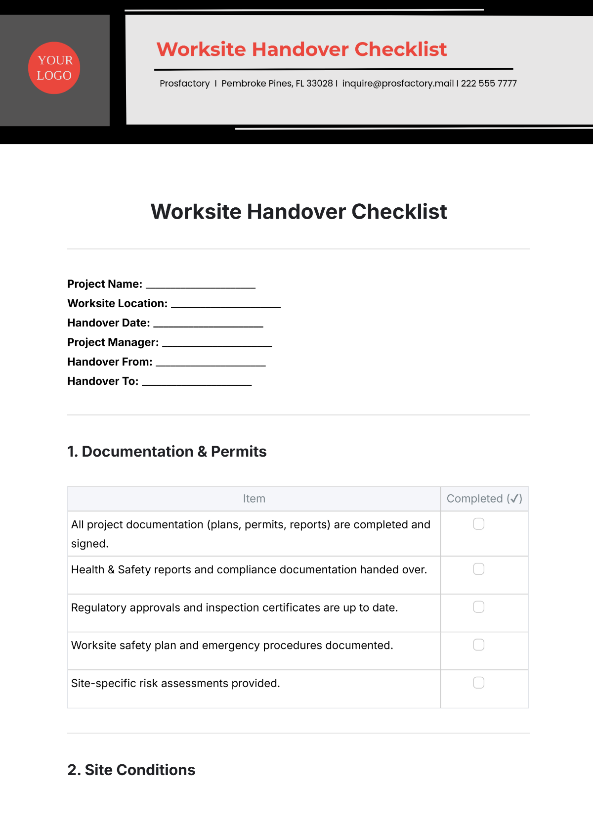 Free Worksite Handover Checklist Template