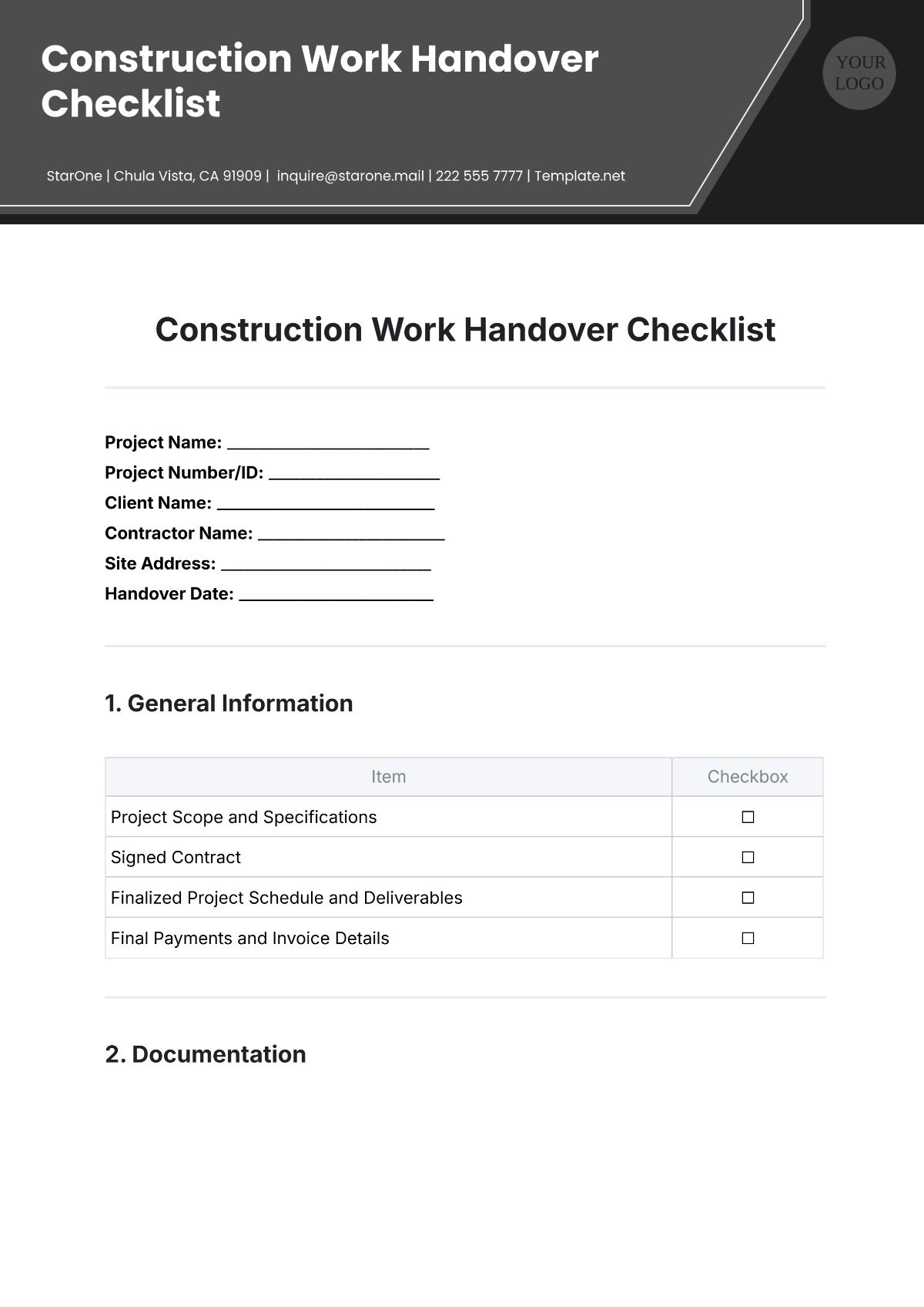 Free Construction Work Handover Checklist Template