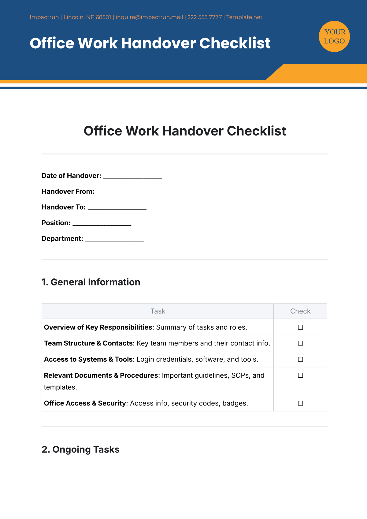 Free Office Work Handover Checklist Template