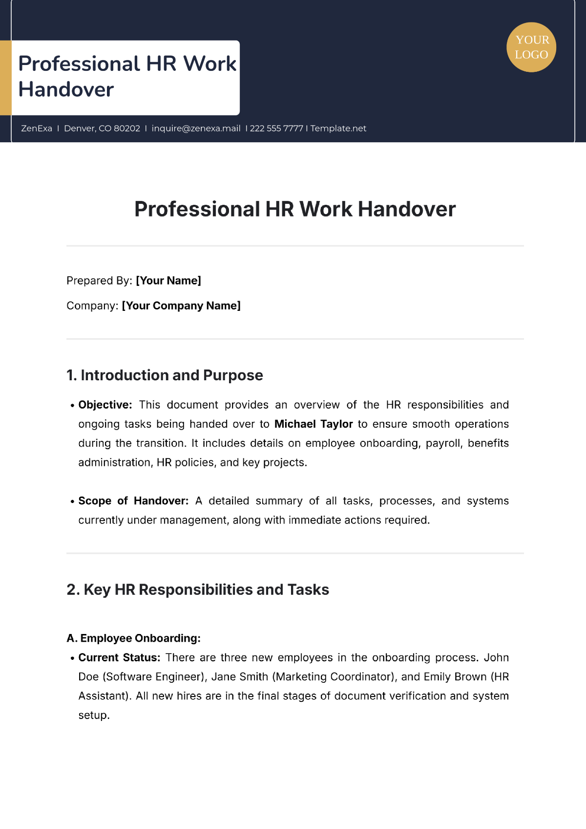 Free Professional HR Work Handover Template