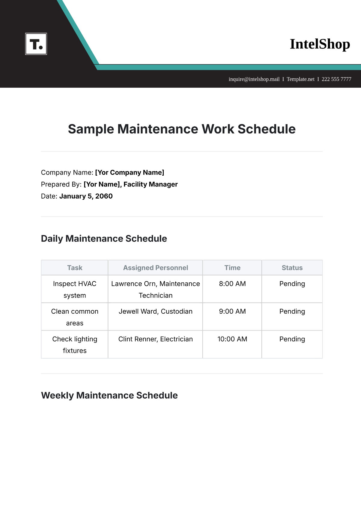 Free Sample Maintenance Work Schedule Template