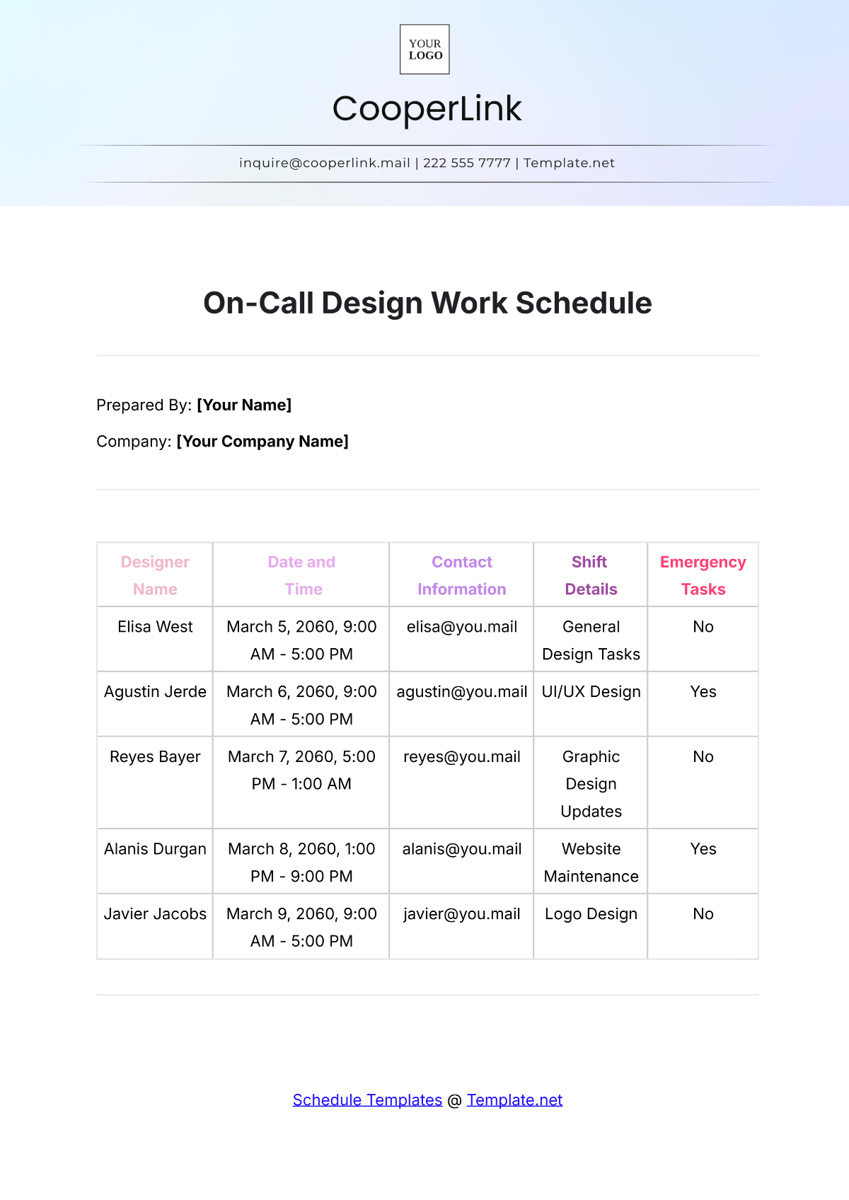 Free On-Call Design Work Schedule Template