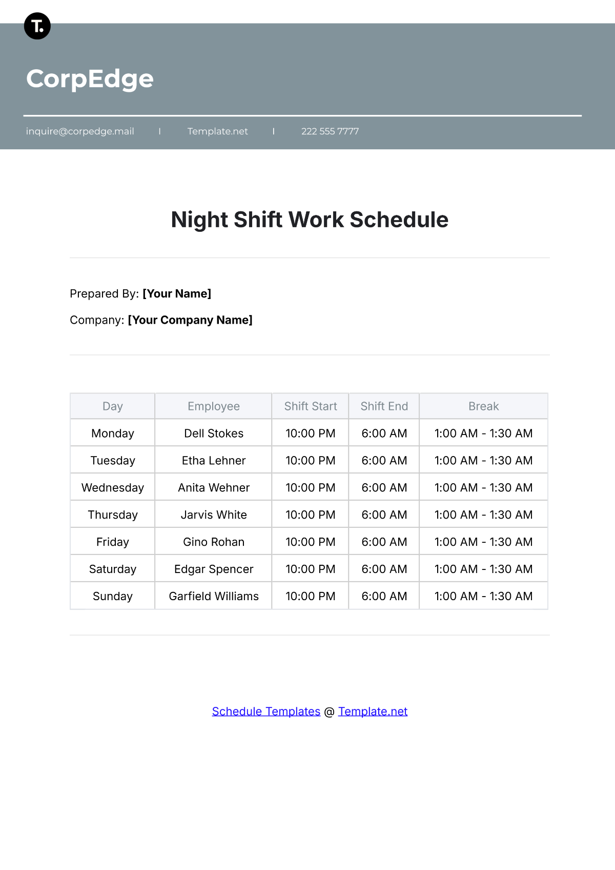 Free Night Shift Work Schedule Template