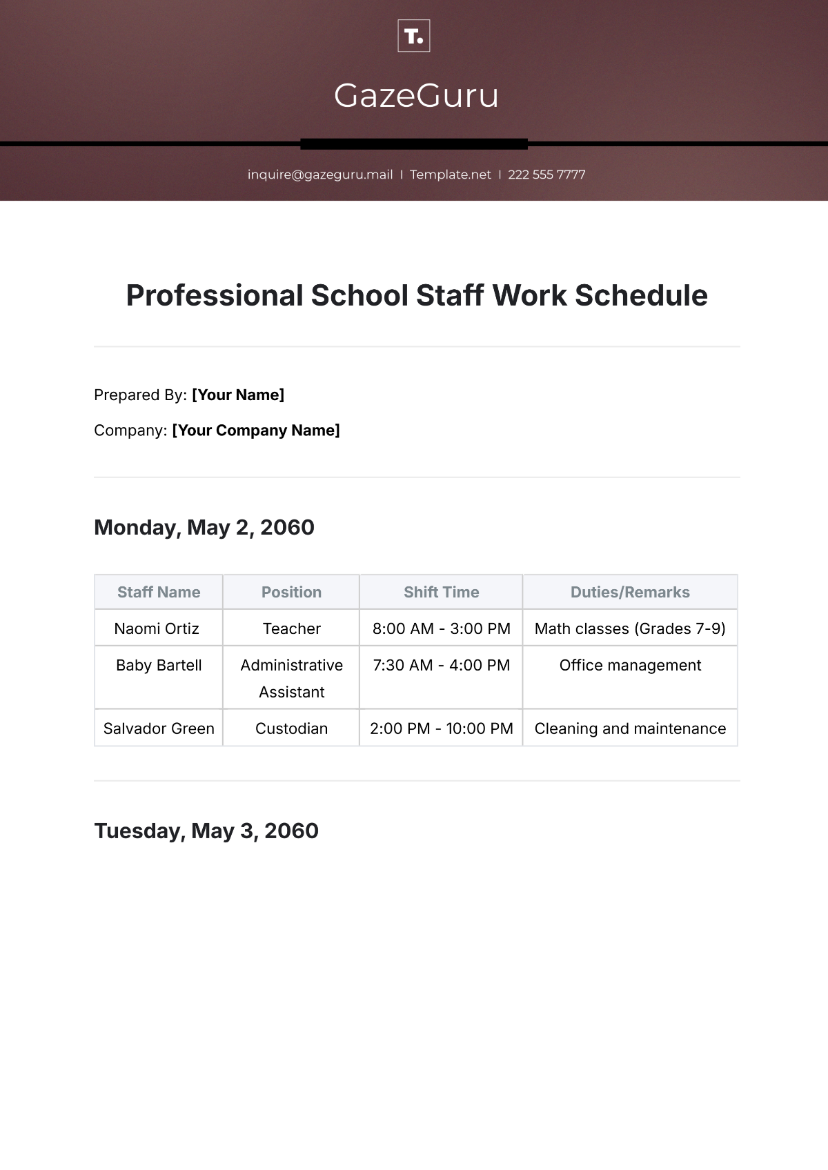 Free Professional School Staff Work Schedule Template