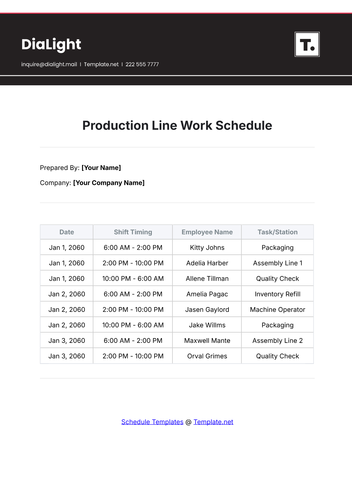 Free Production Line Work Schedule Template