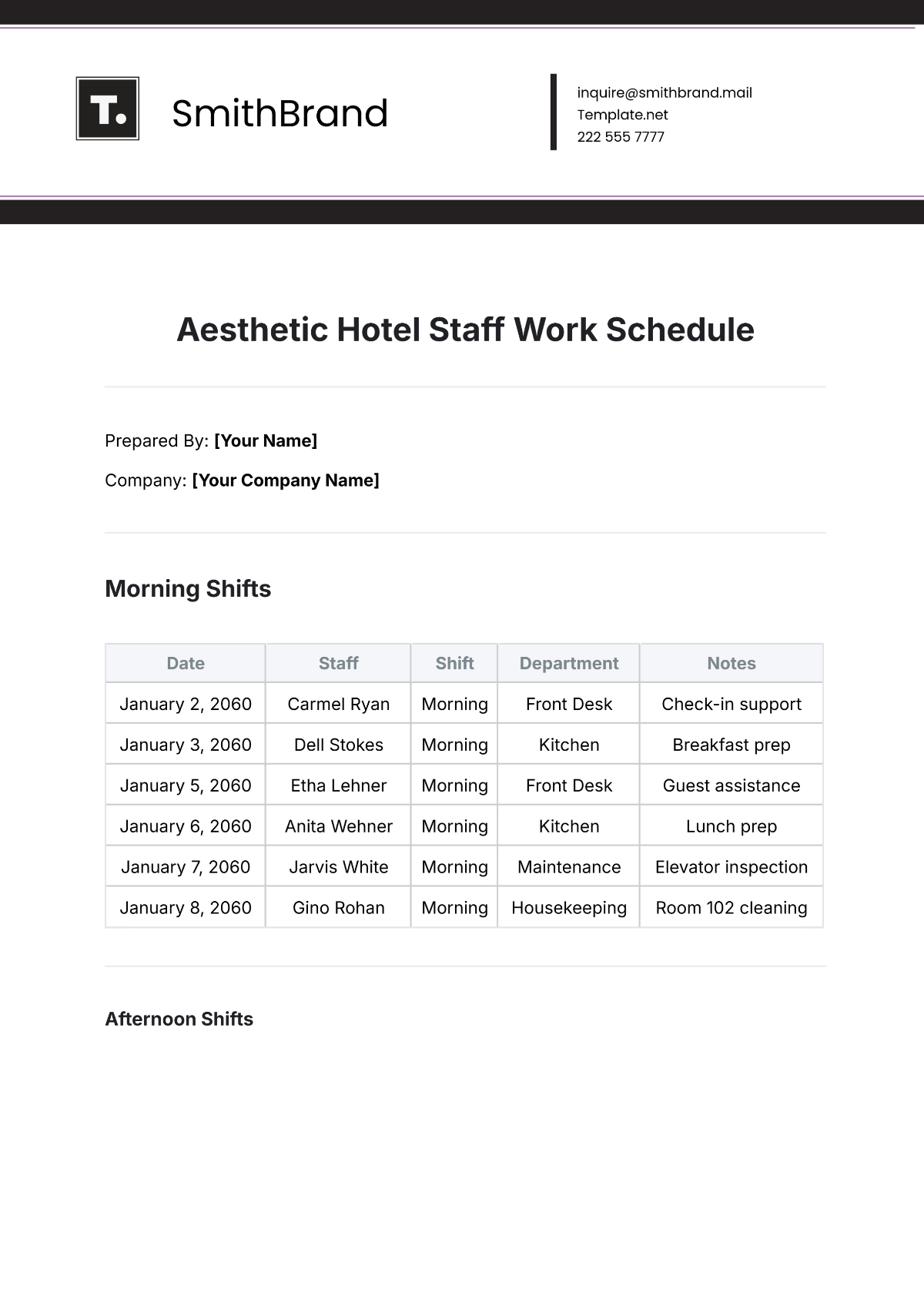 Free Aesthetic Hotel Staff Work Schedule Template