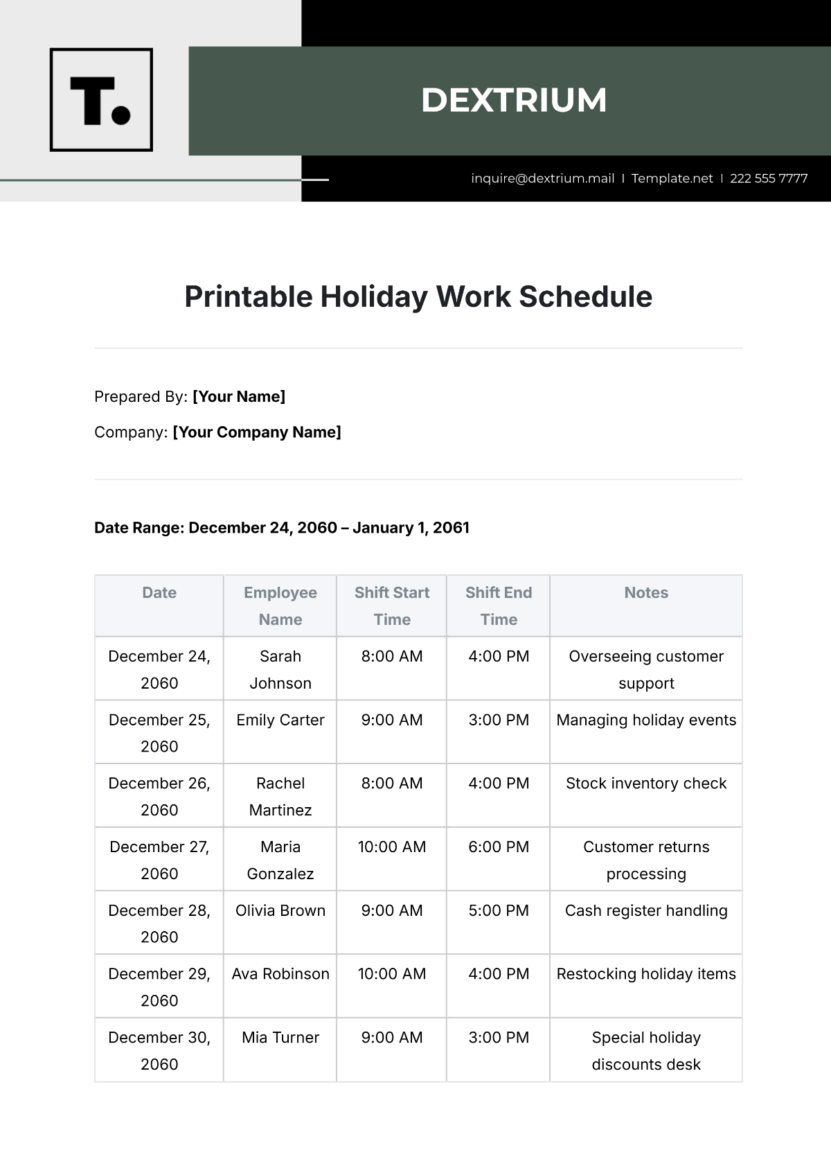 Free Printable Holiday Work Schedule Template