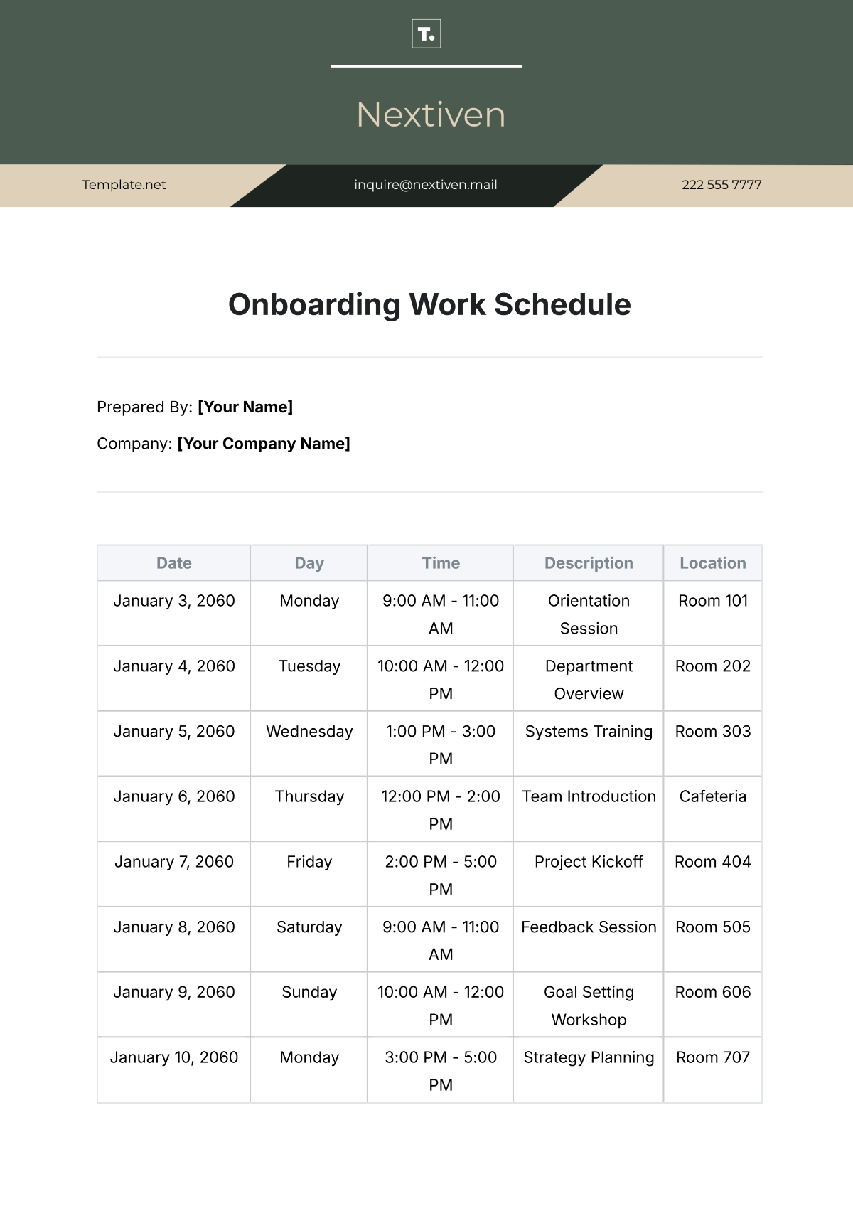 Free Onboarding Work Schedule Template