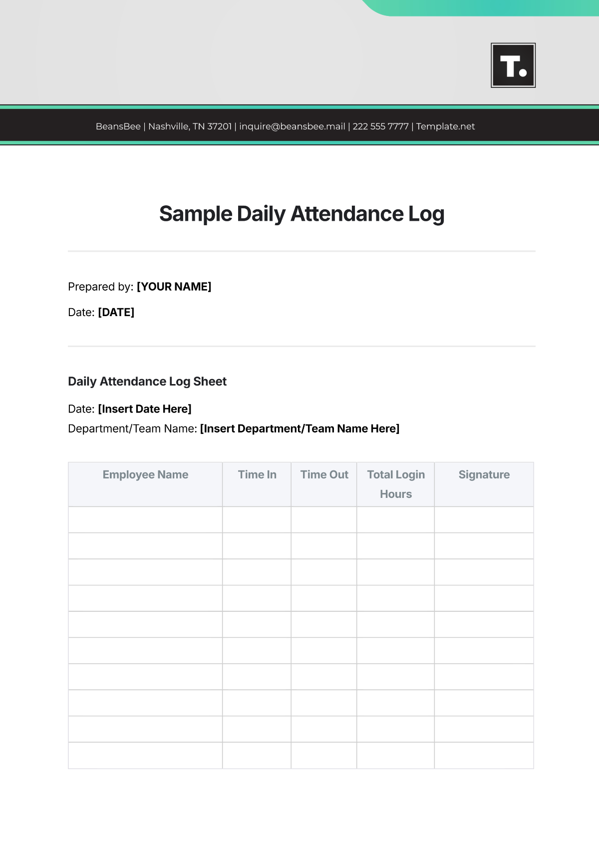 Free Sample Daily Attendance Log Template