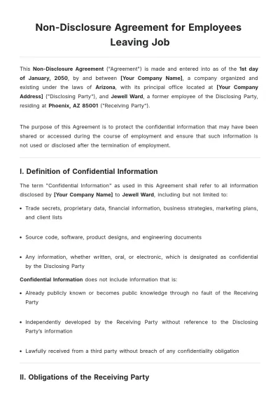 Free Non-Disclosure Agreement for Employees Leaving Job Template to Edit Online