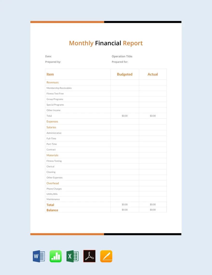 Simple Monthly Financial Report Template