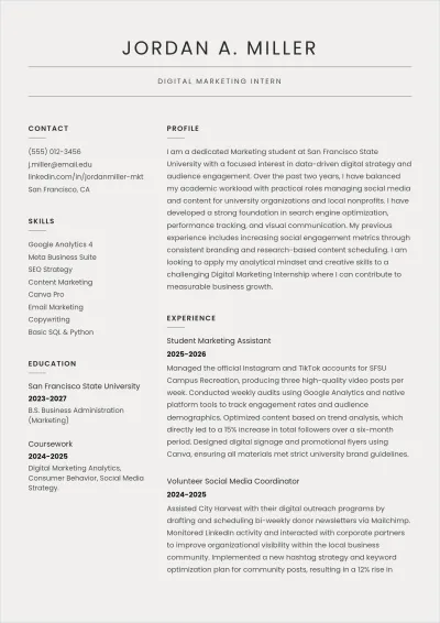 Free ATS Resume Layout Template for Internship Applications Template