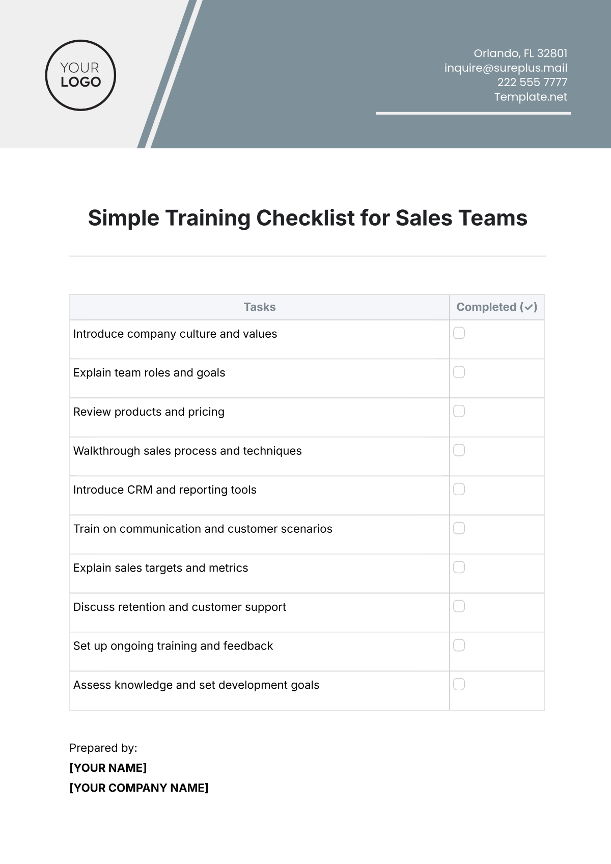 Simple Training Checklist for Sales Teams Template - Edit Online & Download