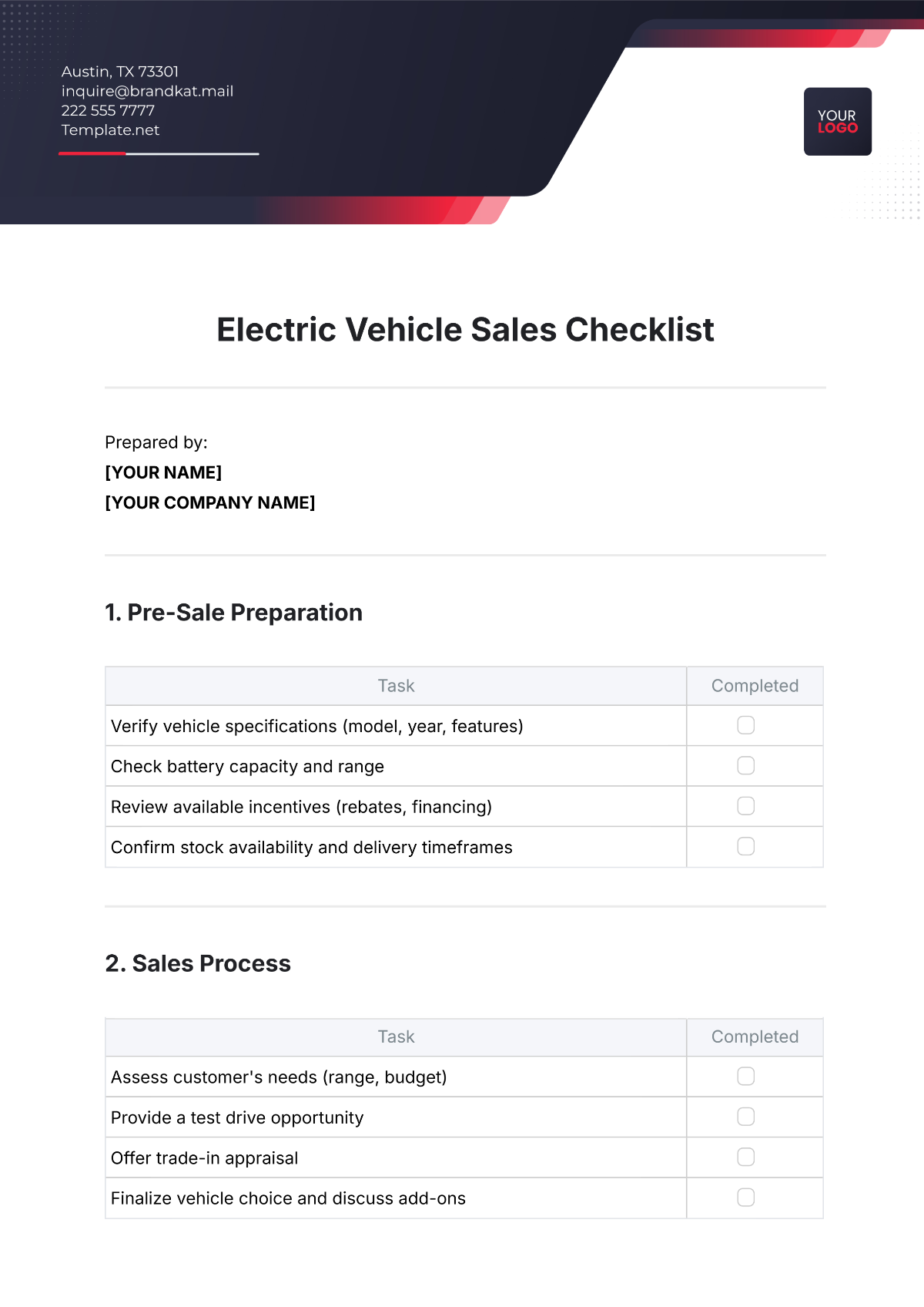 Free Electric Vehicle Sales Checklist Template