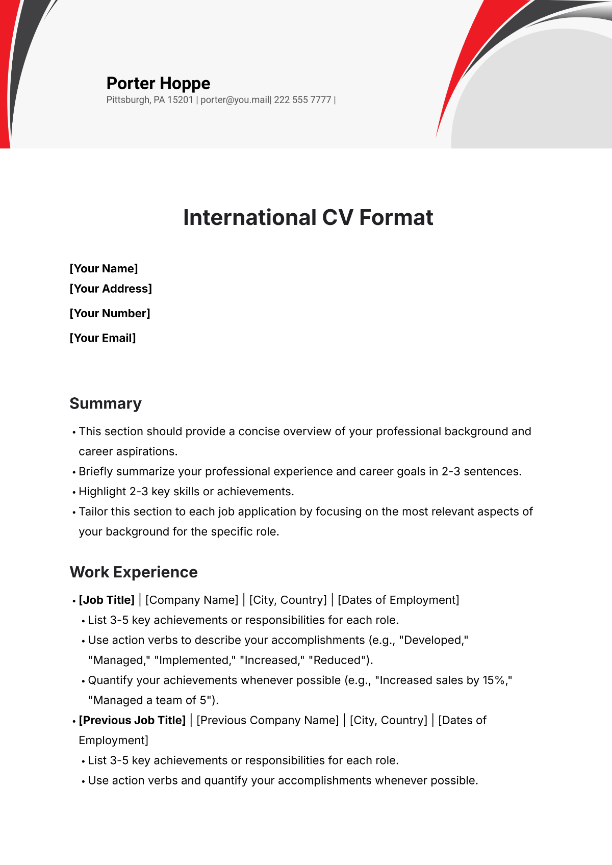 Free International CV Format Template