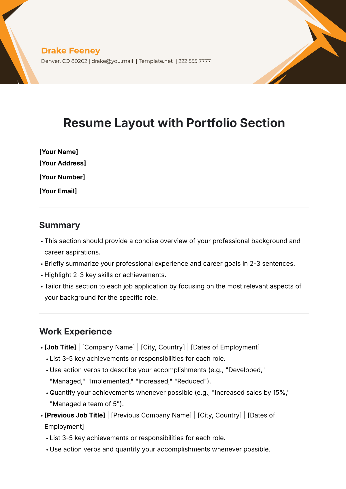 Free Resume Layout Template with Portfolio Section