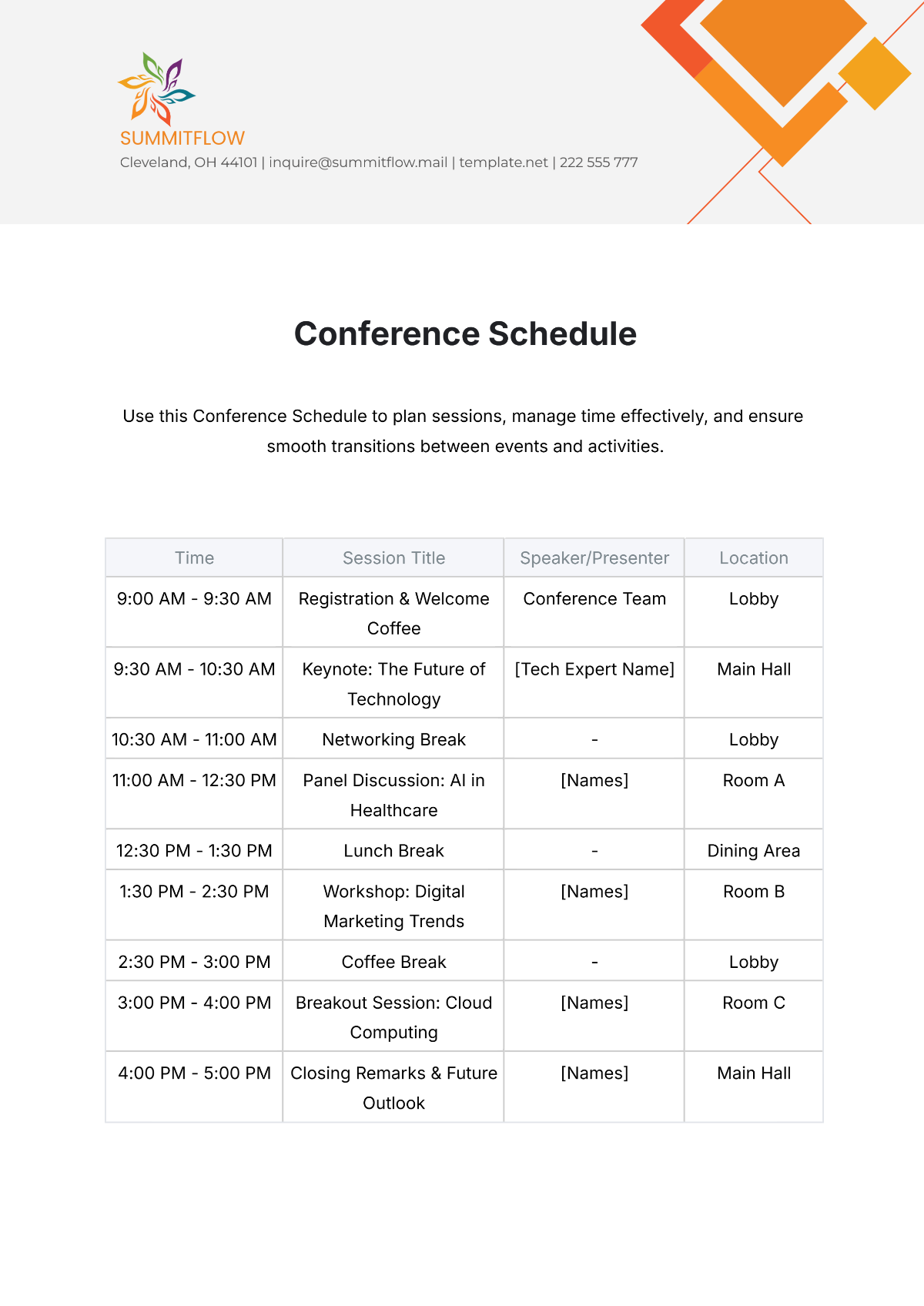 Free Conference Schedule Template