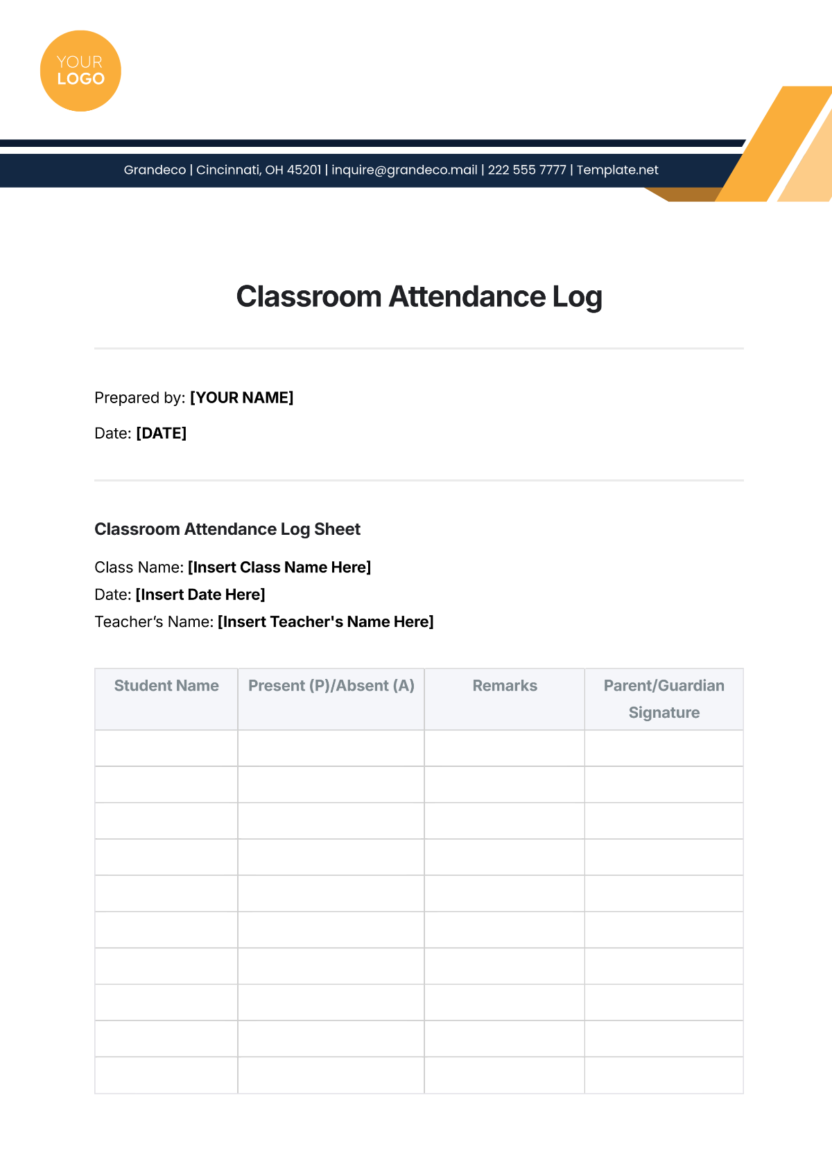 Free Classroom Attendance Log Template