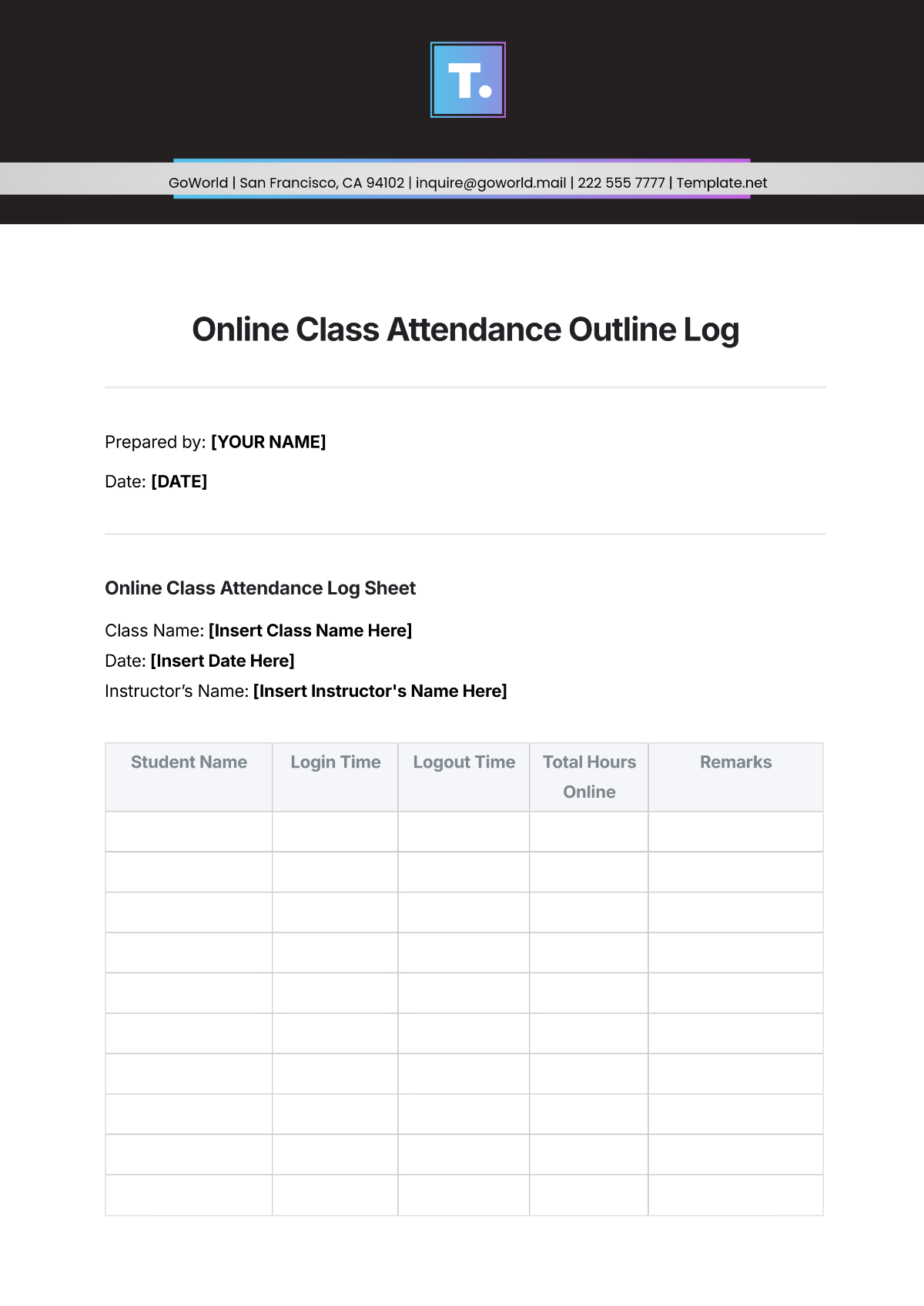 Free Online Class Attendance Outline Log Template