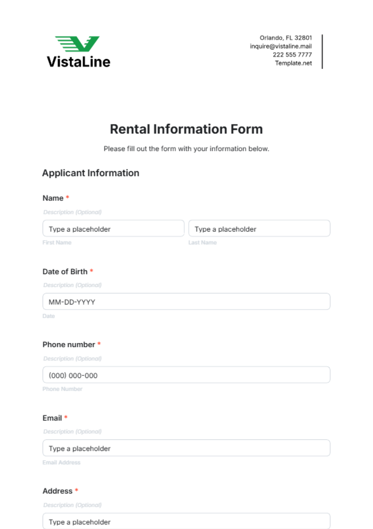 Free Rental Information Form Template