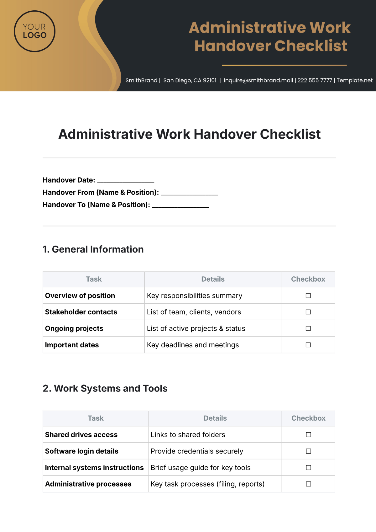 Free Administrative Work Handover Checklist Template