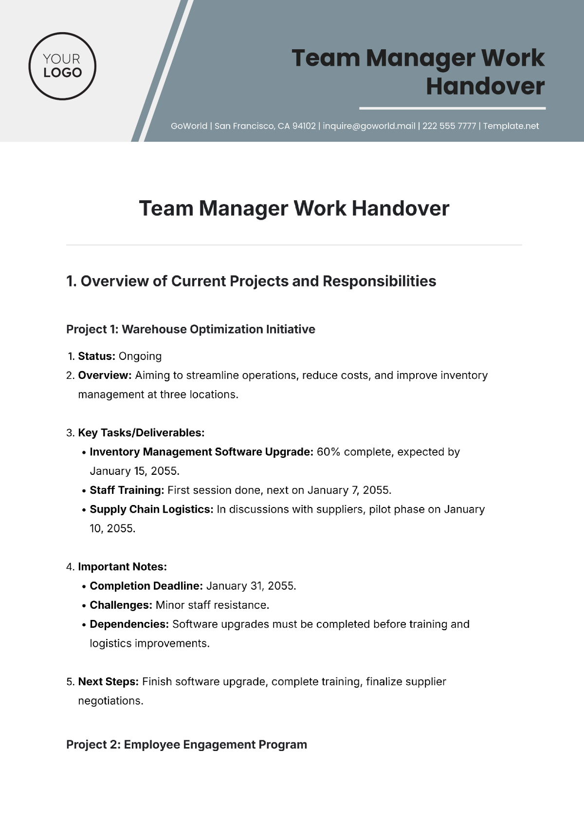 Free Team Manager Work  Handover Template