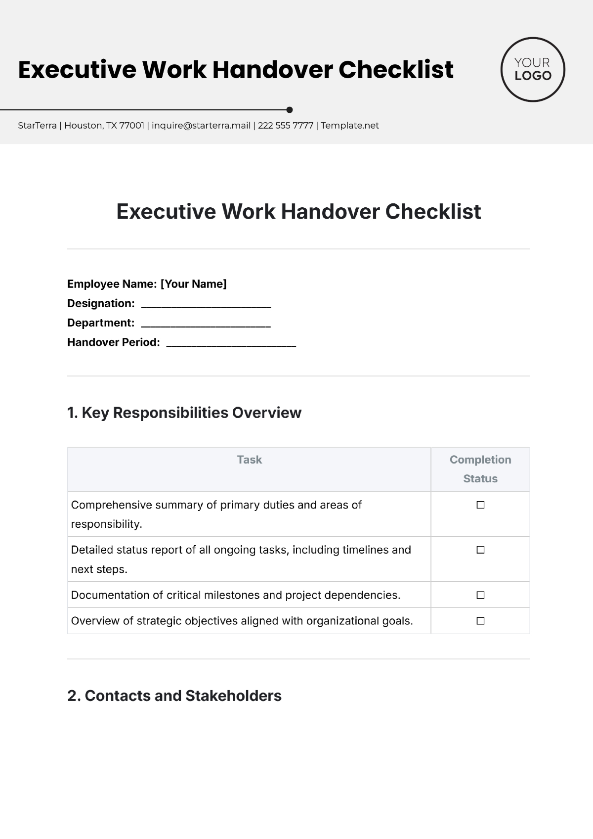 Free Executive Work Handover Checklist Template