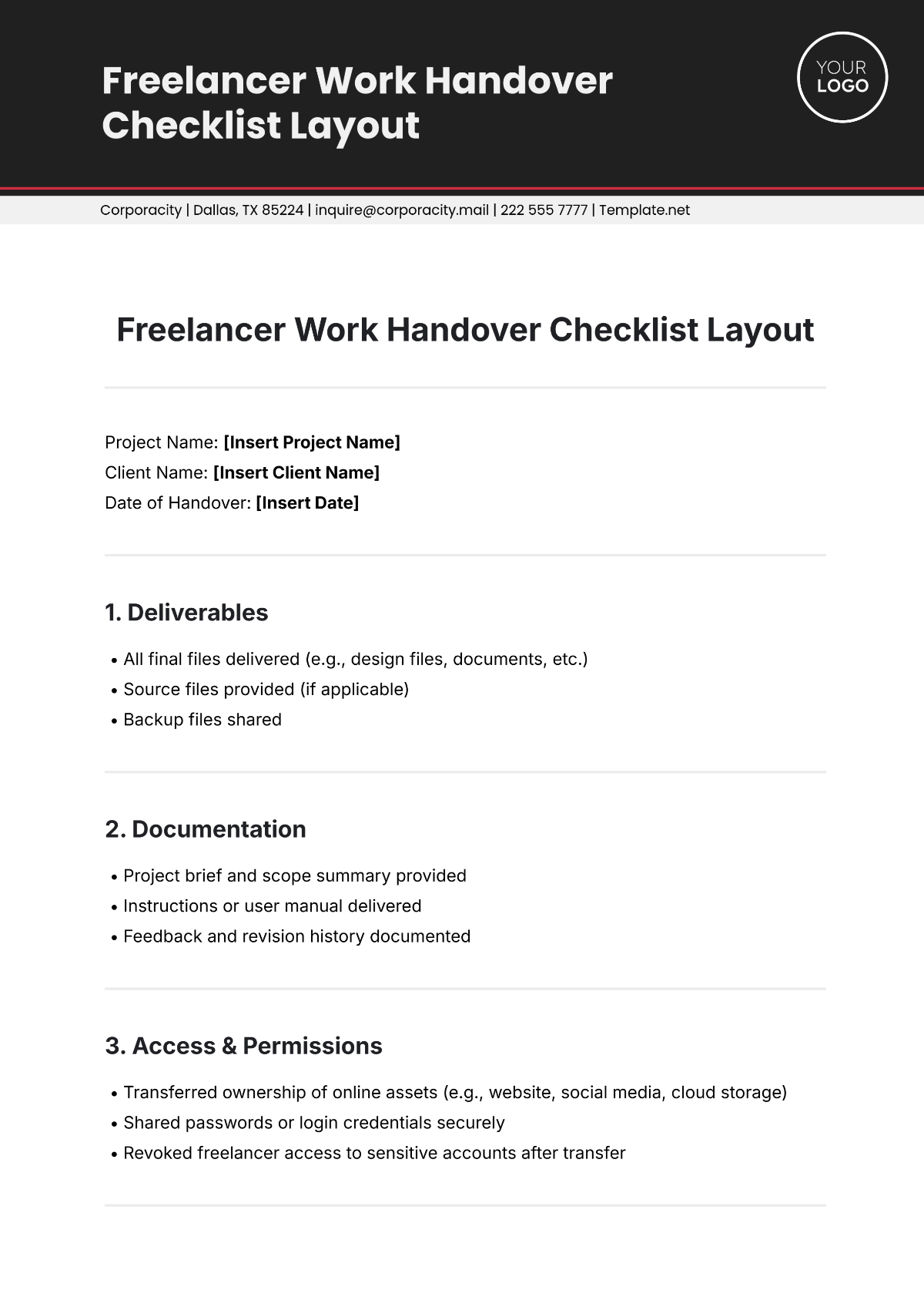 Freelancer Work Handover Checklist Layout Template