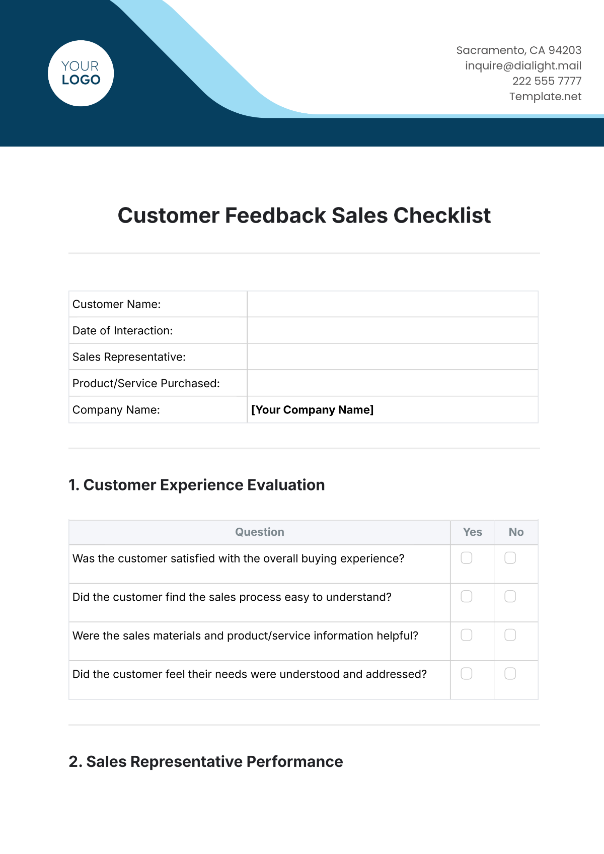 Free Customer Feedback Sales Checklist Template