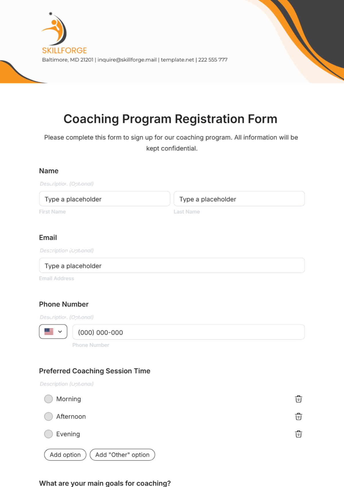 Free Coaching Program Registration Form Template