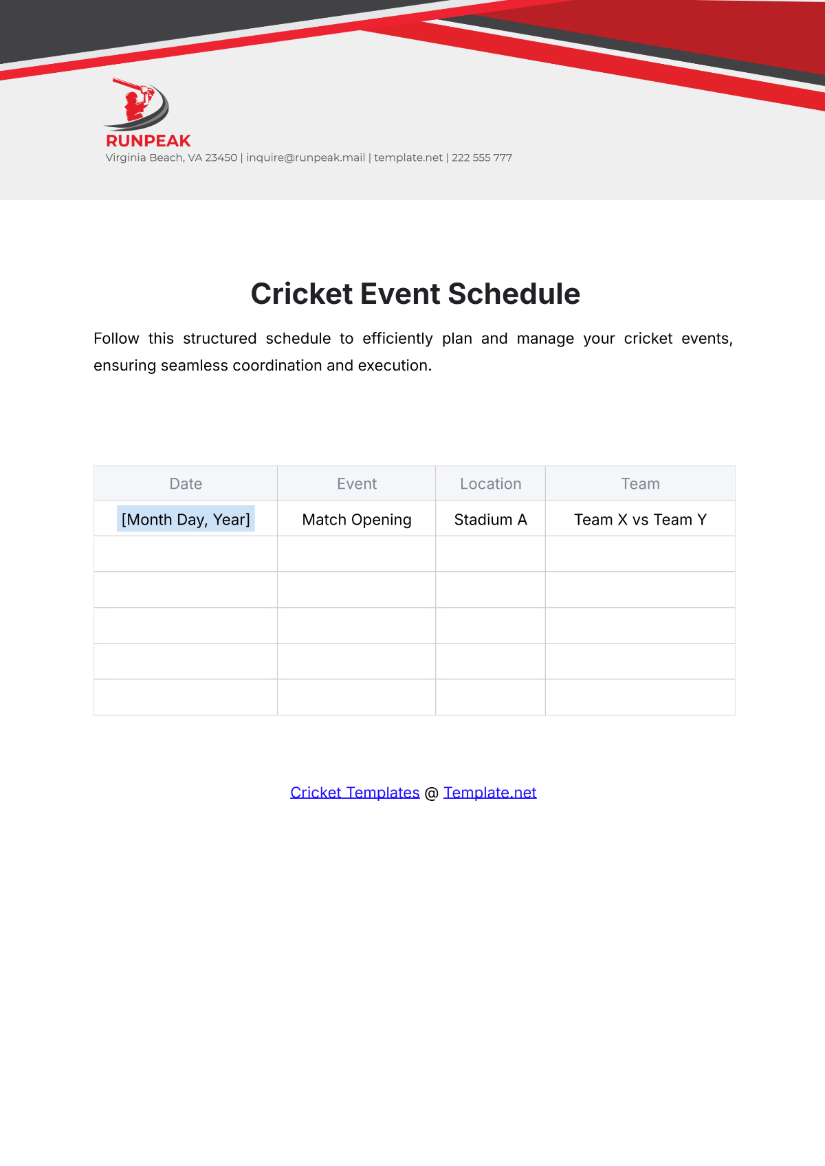 Free Cricket Event Schedule Template