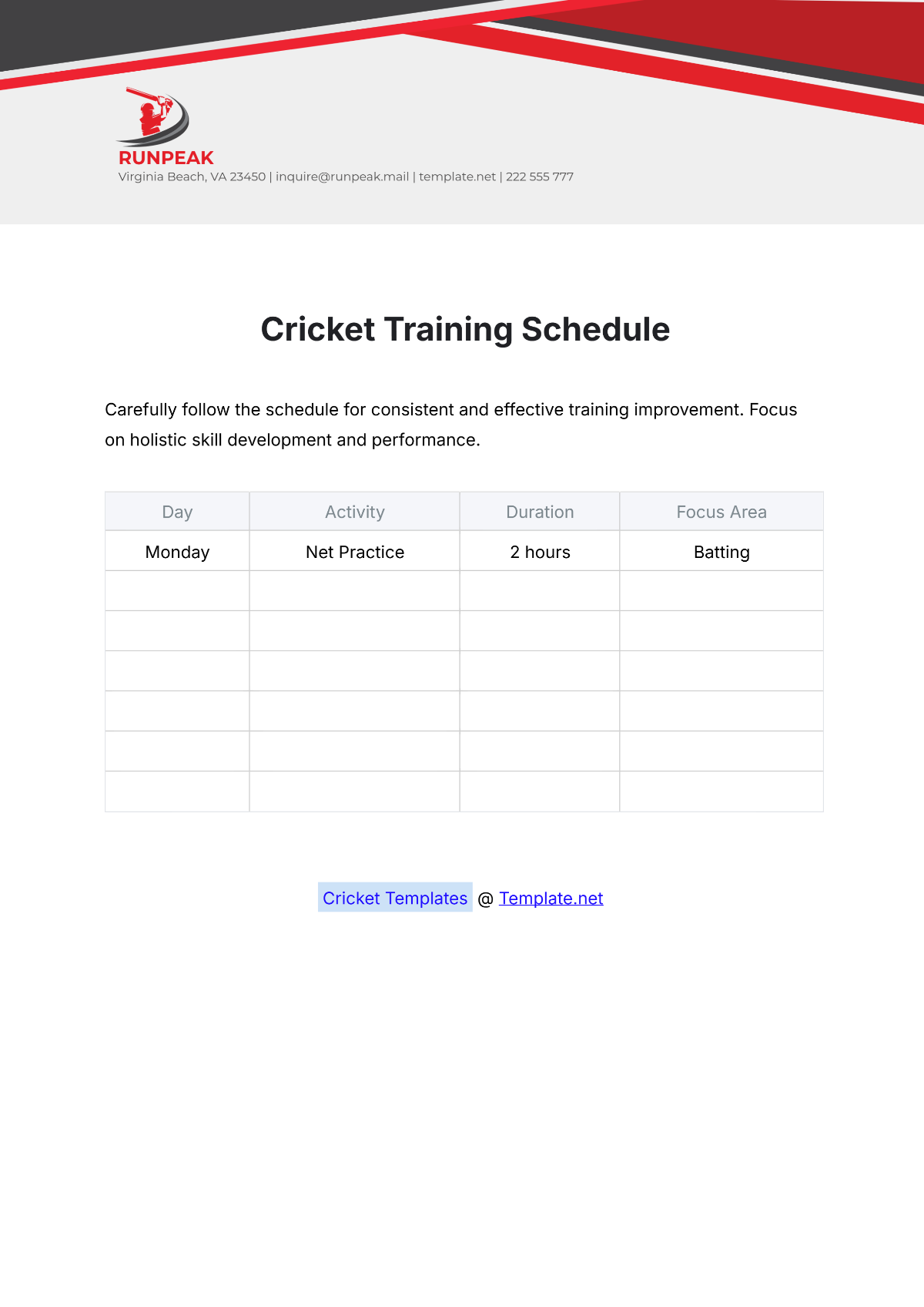 Free Cricket Training Schedule Template