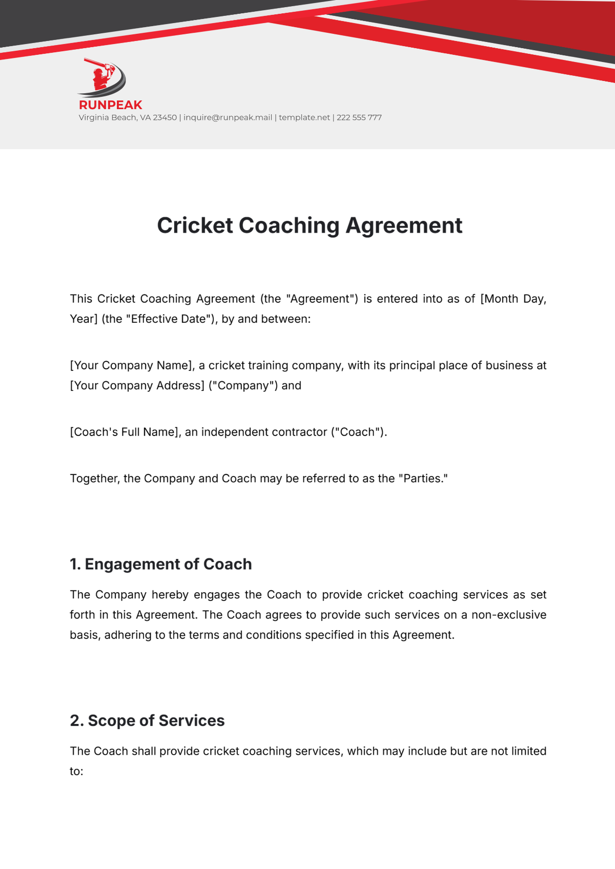 Free Cricket Coaching Agreement Template