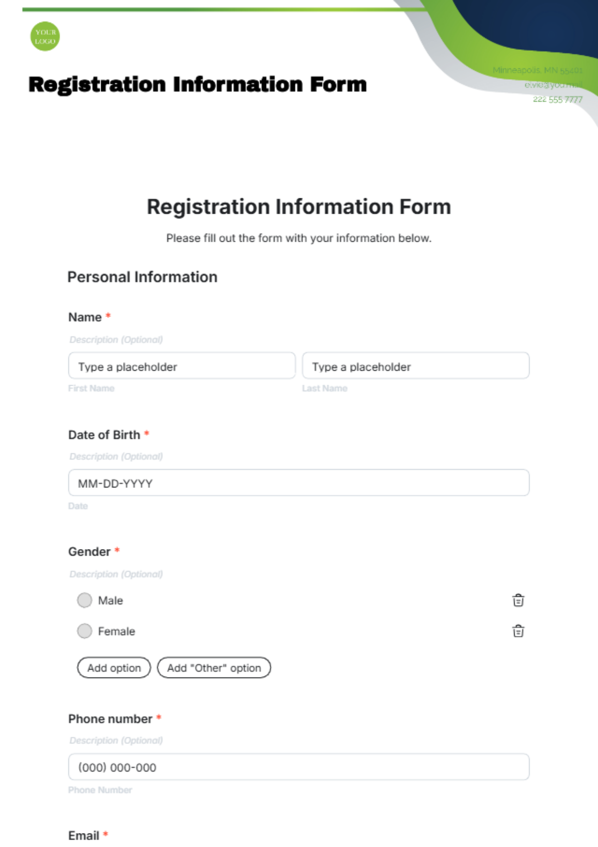 Free Registration Information Form Template