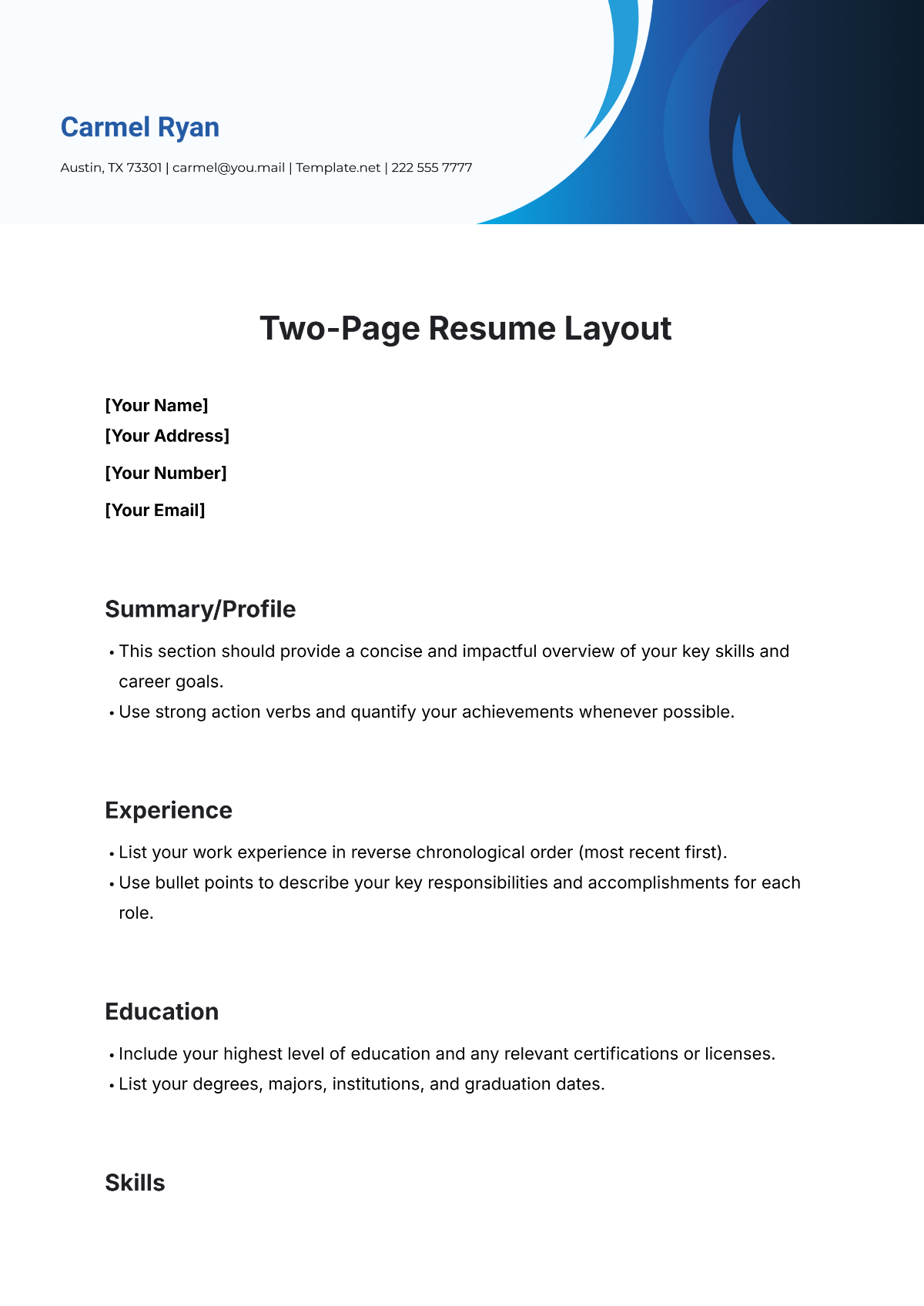 Free Two-Page Resume Layout Template