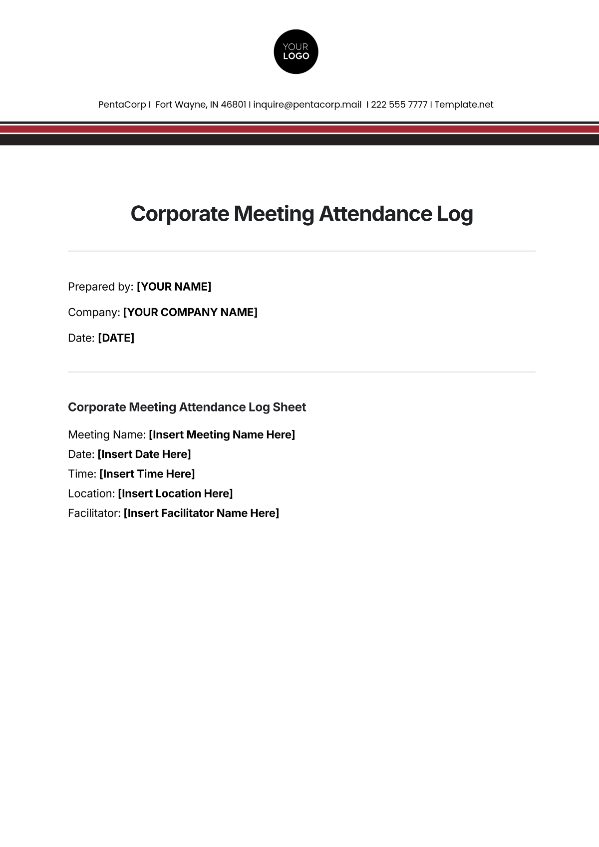 Free Corporate Meeting Attendance Log Template