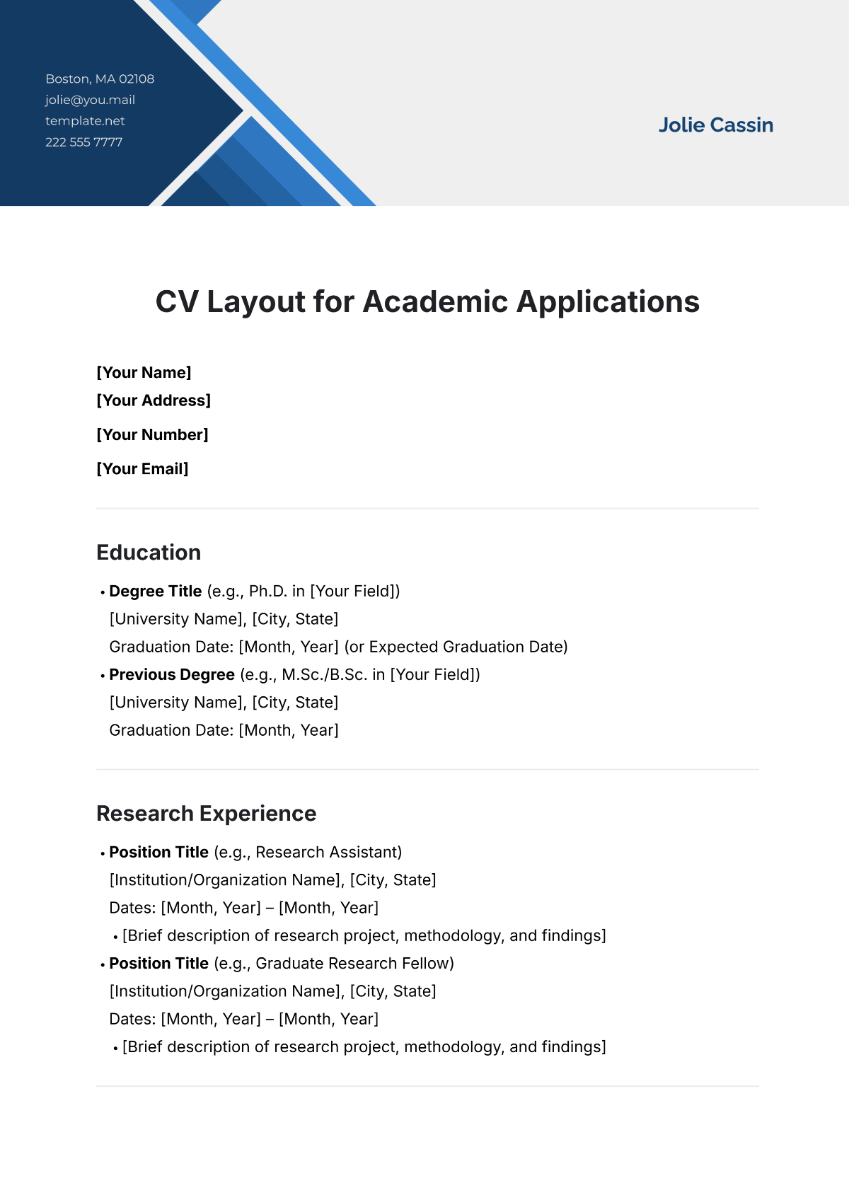 Free CV Layout for Academic Applications Template