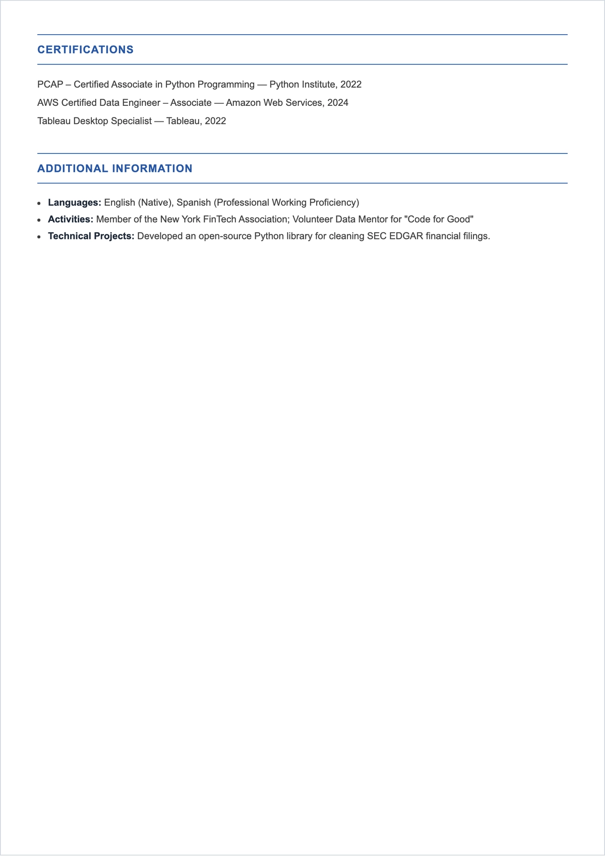 Free Python Data Analyst ATS Resume Template, AI Resume Builder