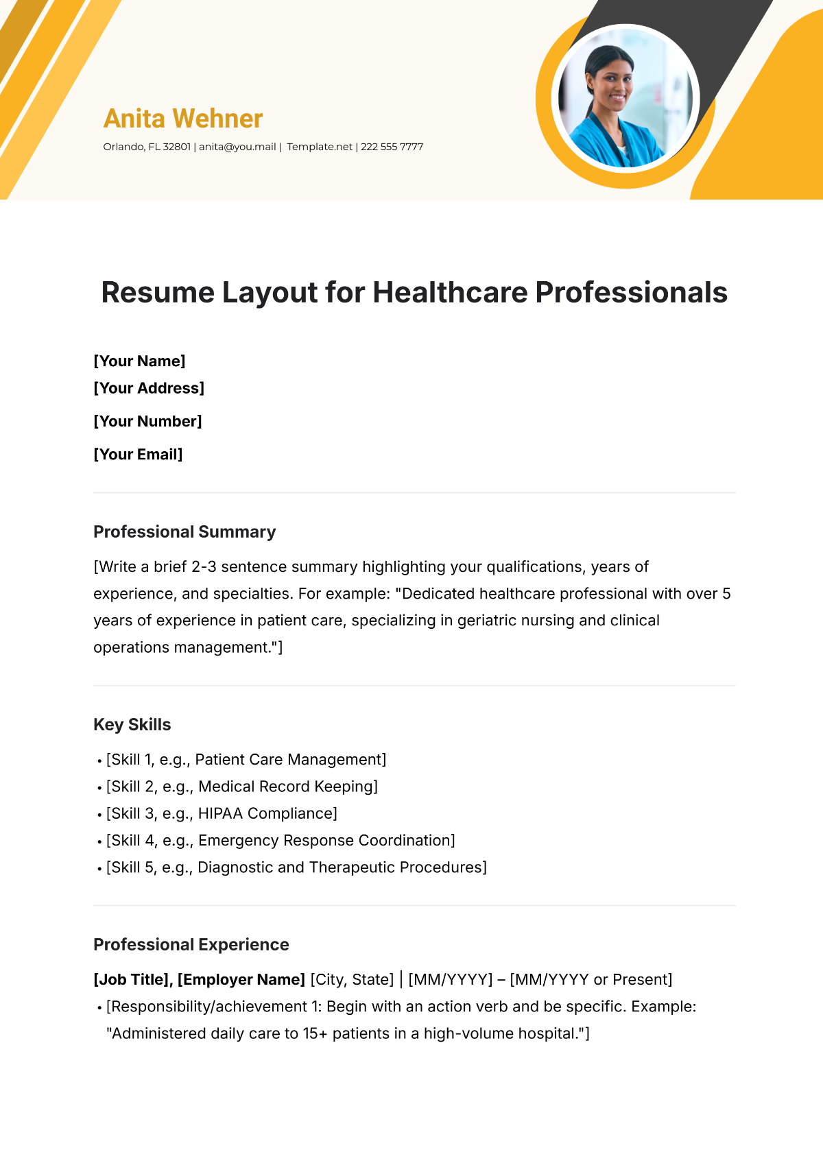 Free Resume Layout Template for Healthcare Professionals