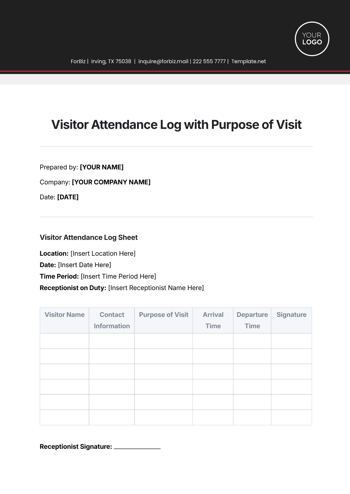 Free Visitor Attendance Log with Purpose of Visit Template