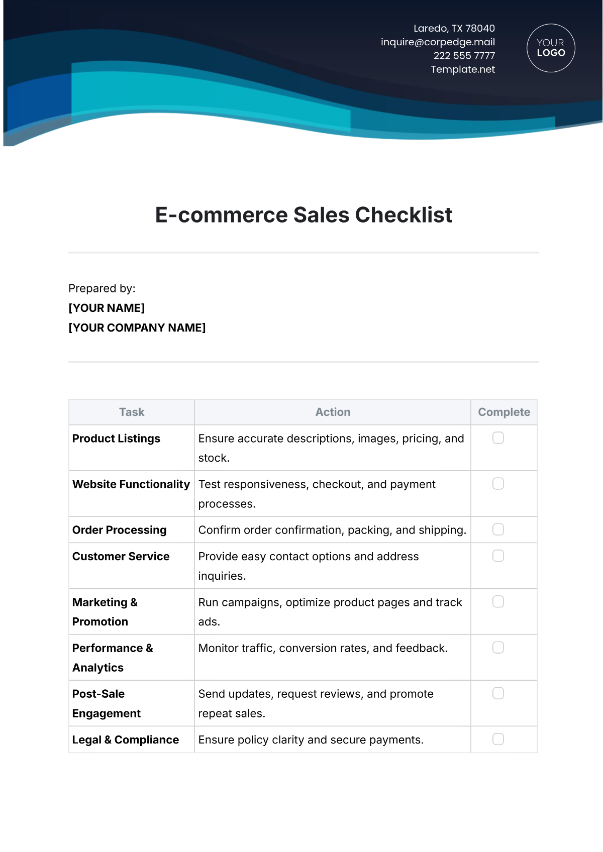 E-commerce Sales Checklist Template - Edit Online & Download